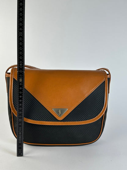 Vintage Yves Saint Laurent Flap Crossbody Bag Late 1980s Black Tan