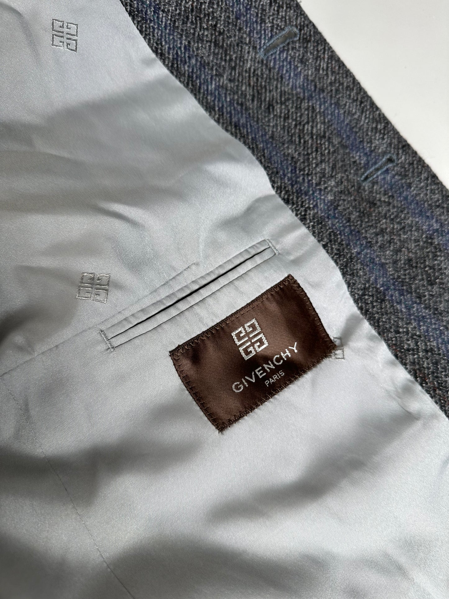 Vintage Givenchy Wool Suit Gray Blue Stripe M