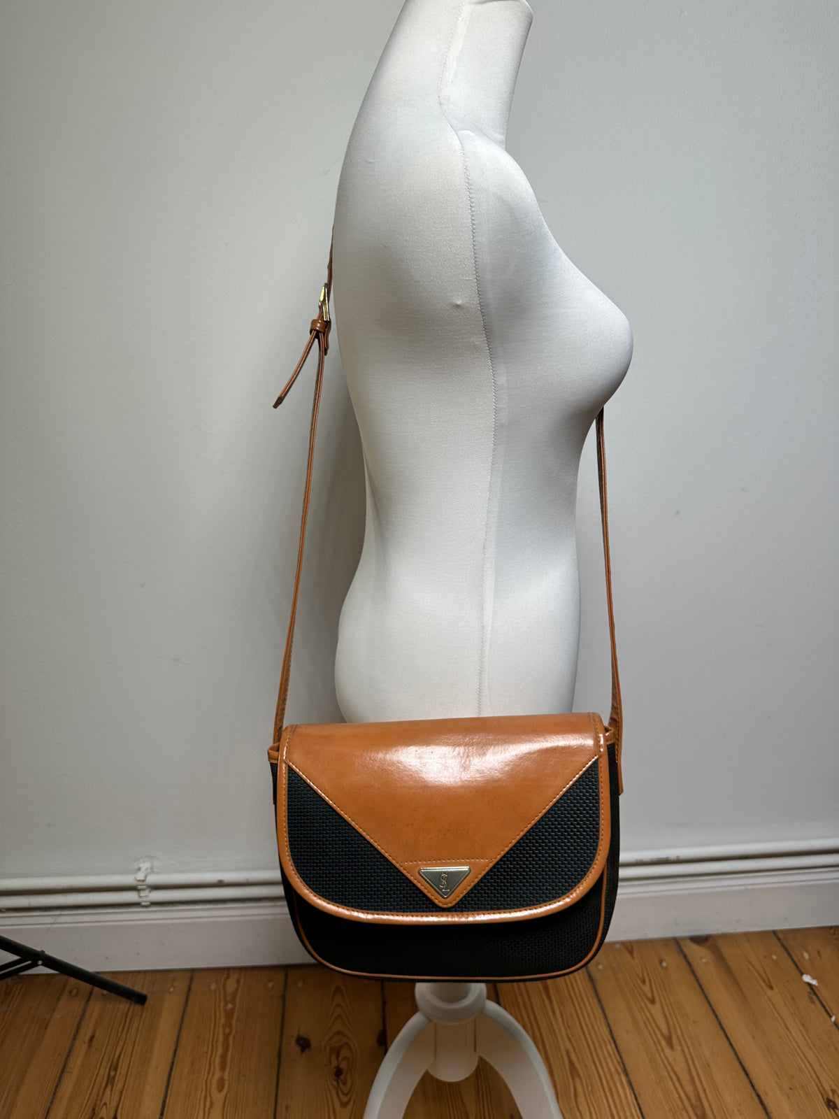 Vintage Yves Saint Laurent Flap Crossbody Bag Late 1980s Black Tan