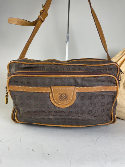 Vintage Loewe Monogram Canvas Shoulder Bag Brown Tan