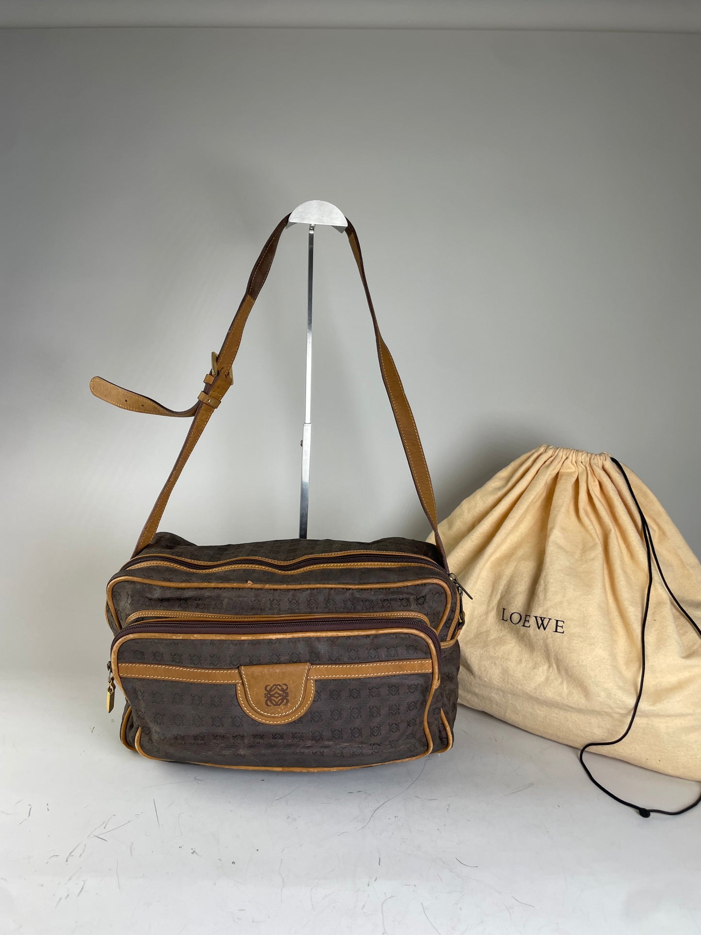 Vintage Loewe Monogram Canvas Shoulder Bag Brown Tan