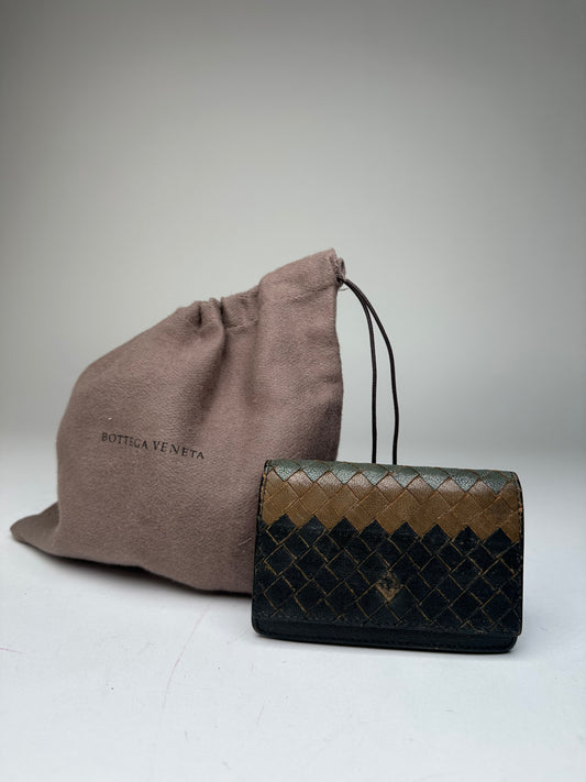 Vintage Bottega Veneta Intrecciato Leather Card Holder Black Brown