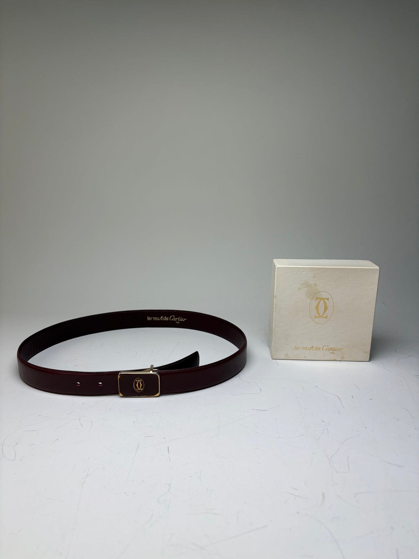 Vintage Cartier Leather Logo Belt Burgundy Gold-tone Buckle