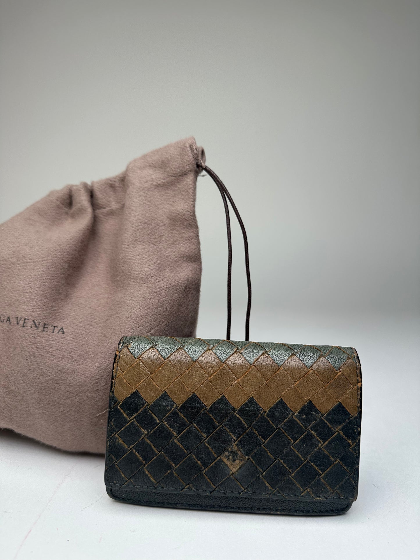 Vintage Bottega Veneta Intrecciato Leather Card Holder Black Brown