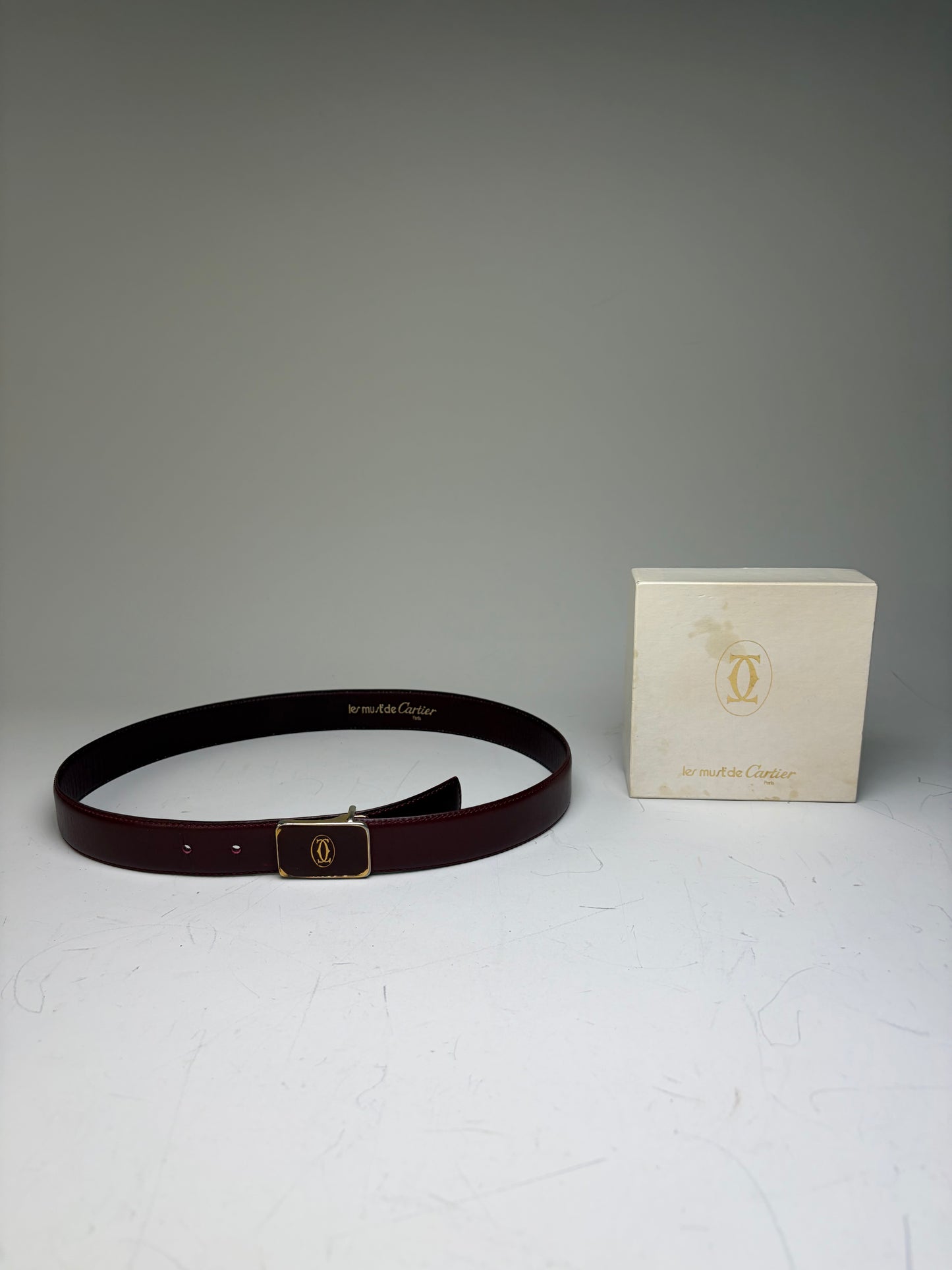 Vintage Cartier Leather Logo Belt Burgundy Gold-tone Buckle
