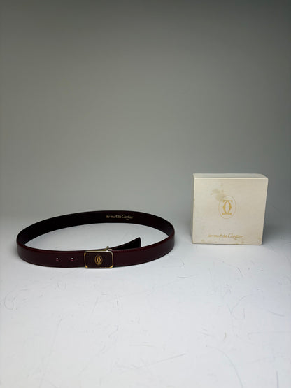 Vintage Cartier Leather Logo Belt Burgundy Gold-tone Buckle