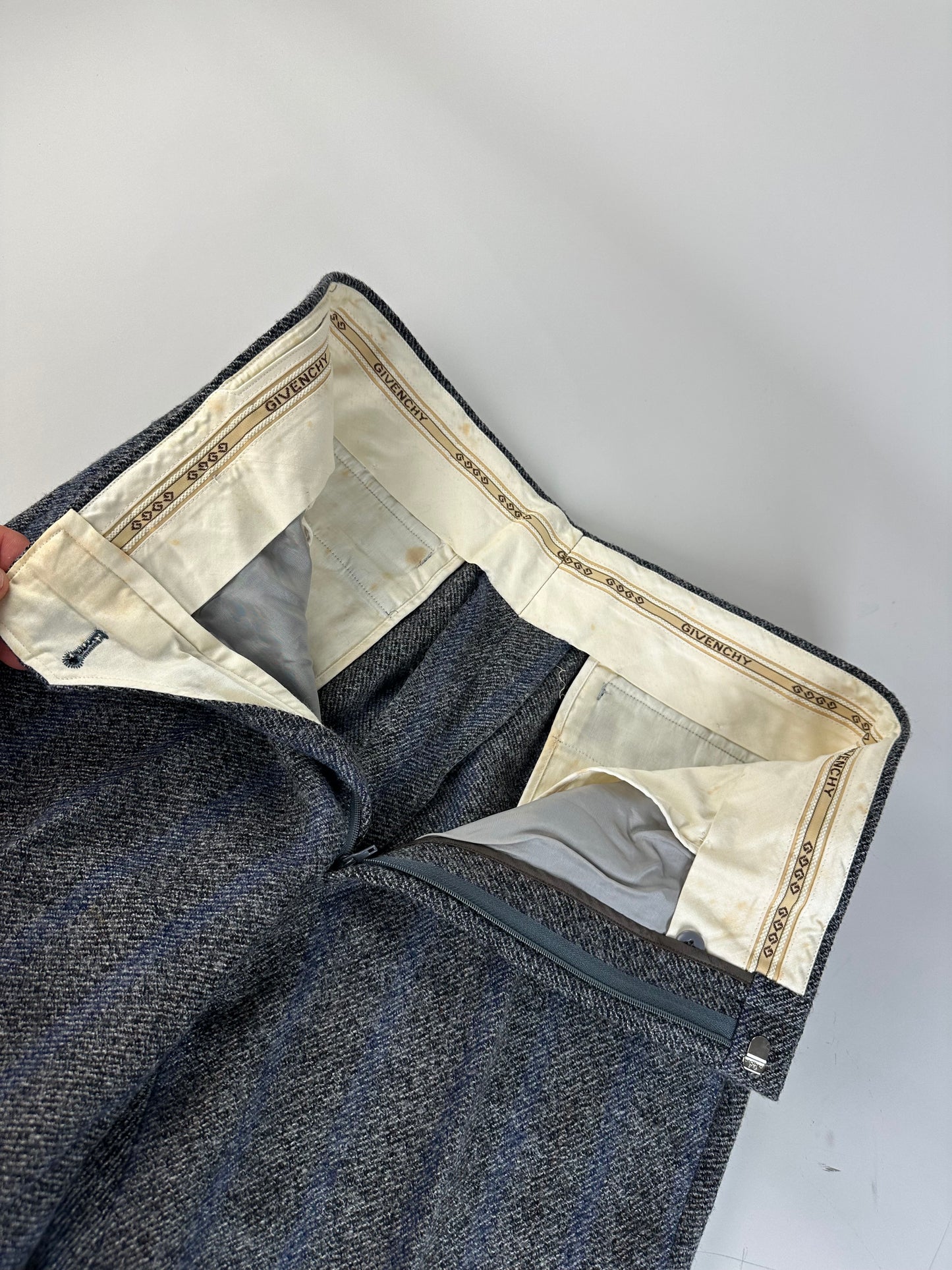 Vintage Givenchy Wool Suit Gray Blue Stripe M