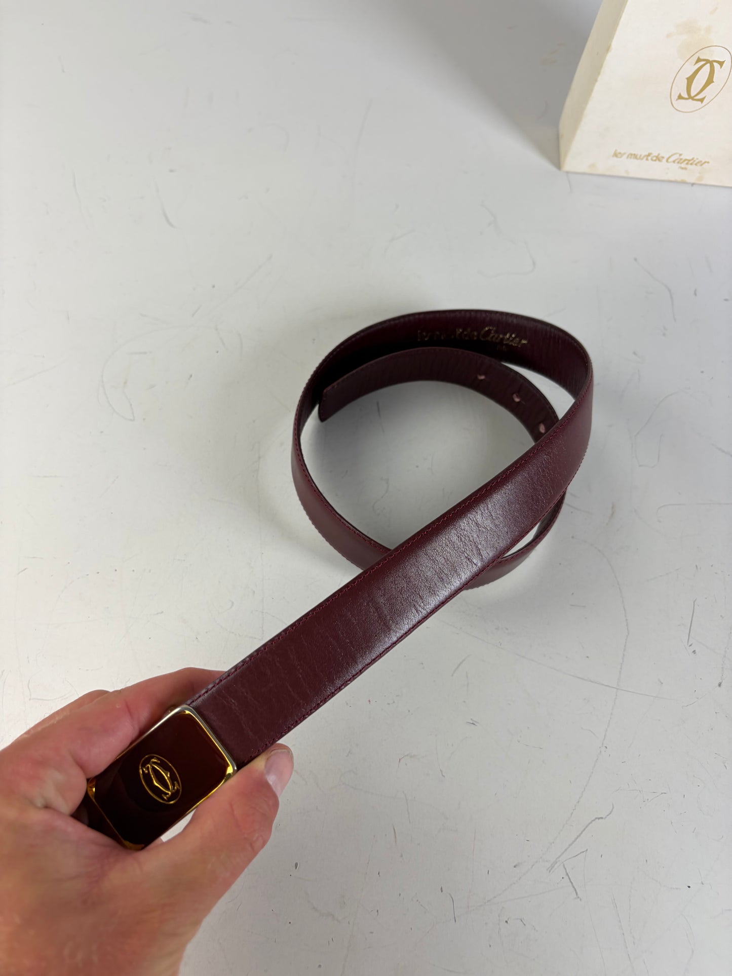 Vintage Cartier Leather Logo Belt Burgundy Gold-tone Buckle