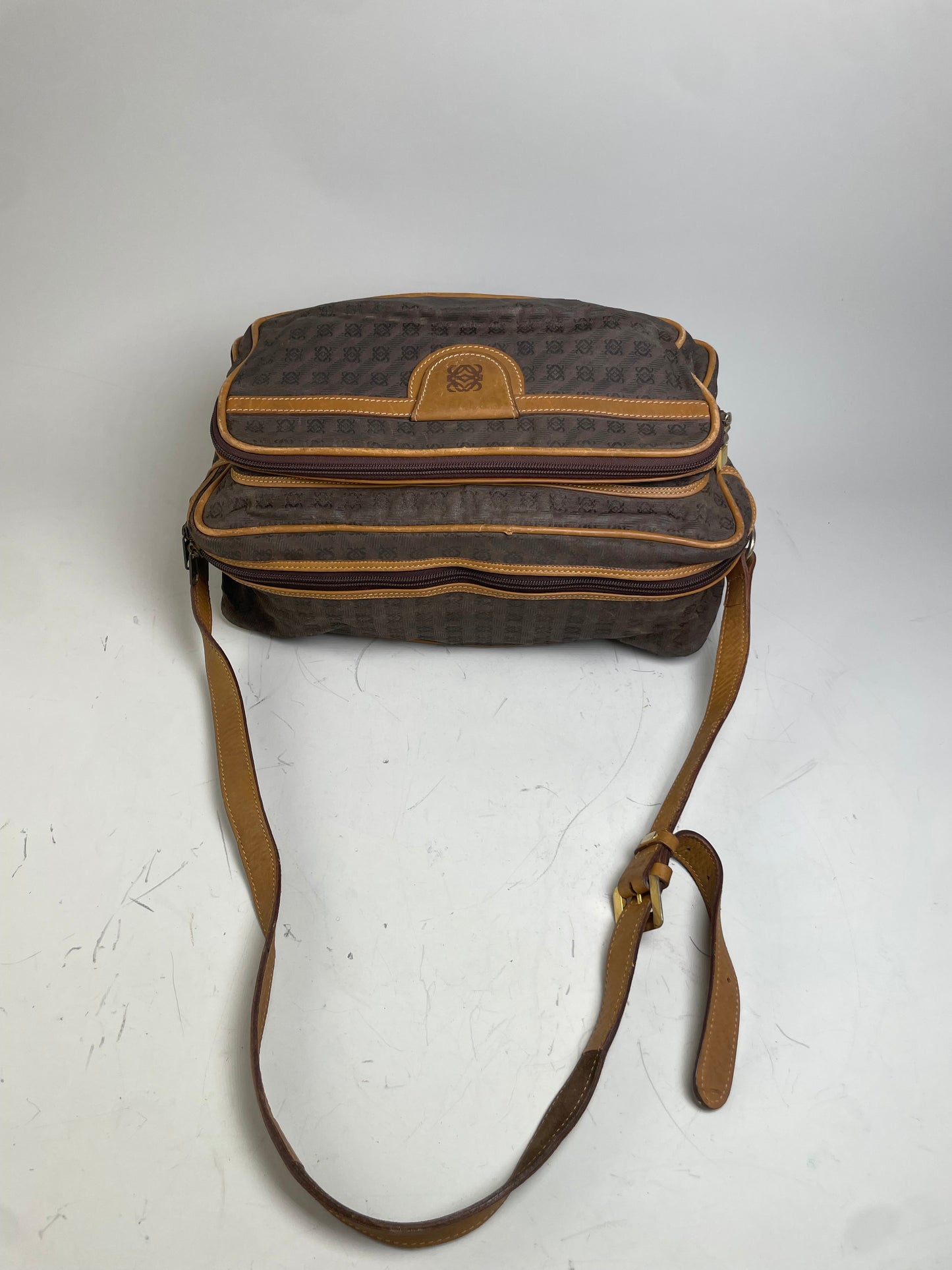 Vintage Loewe Monogram Canvas Shoulder Bag Brown Tan