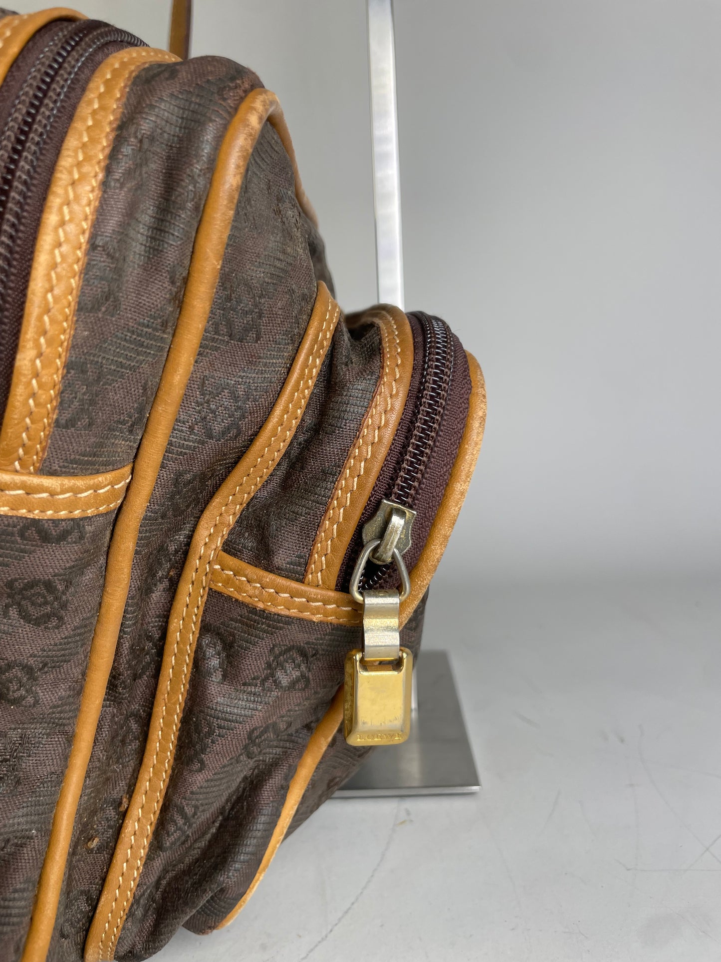 Vintage Loewe Monogram Canvas Shoulder Bag Brown Tan