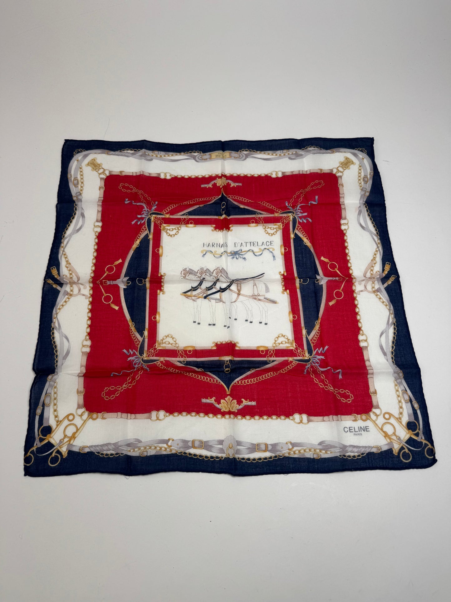 Vintage Celine Equistarian Scarf Navy White Red