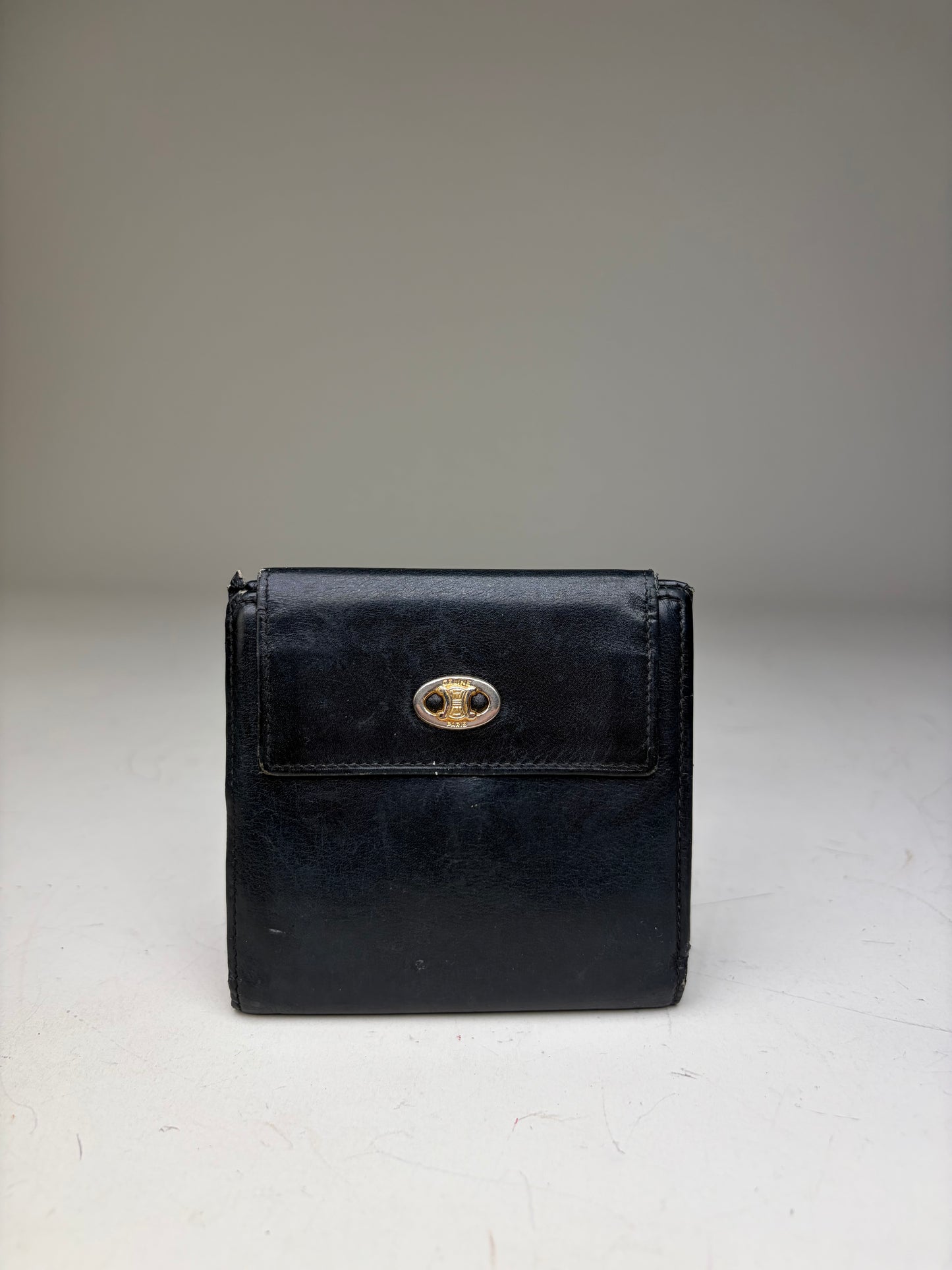 Vintage Celine Leather Wallet Black Gold Snap