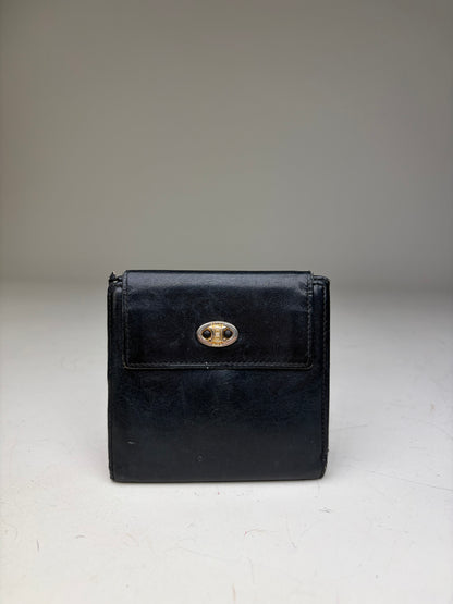 Vintage Celine Leather Wallet Black Gold Snap