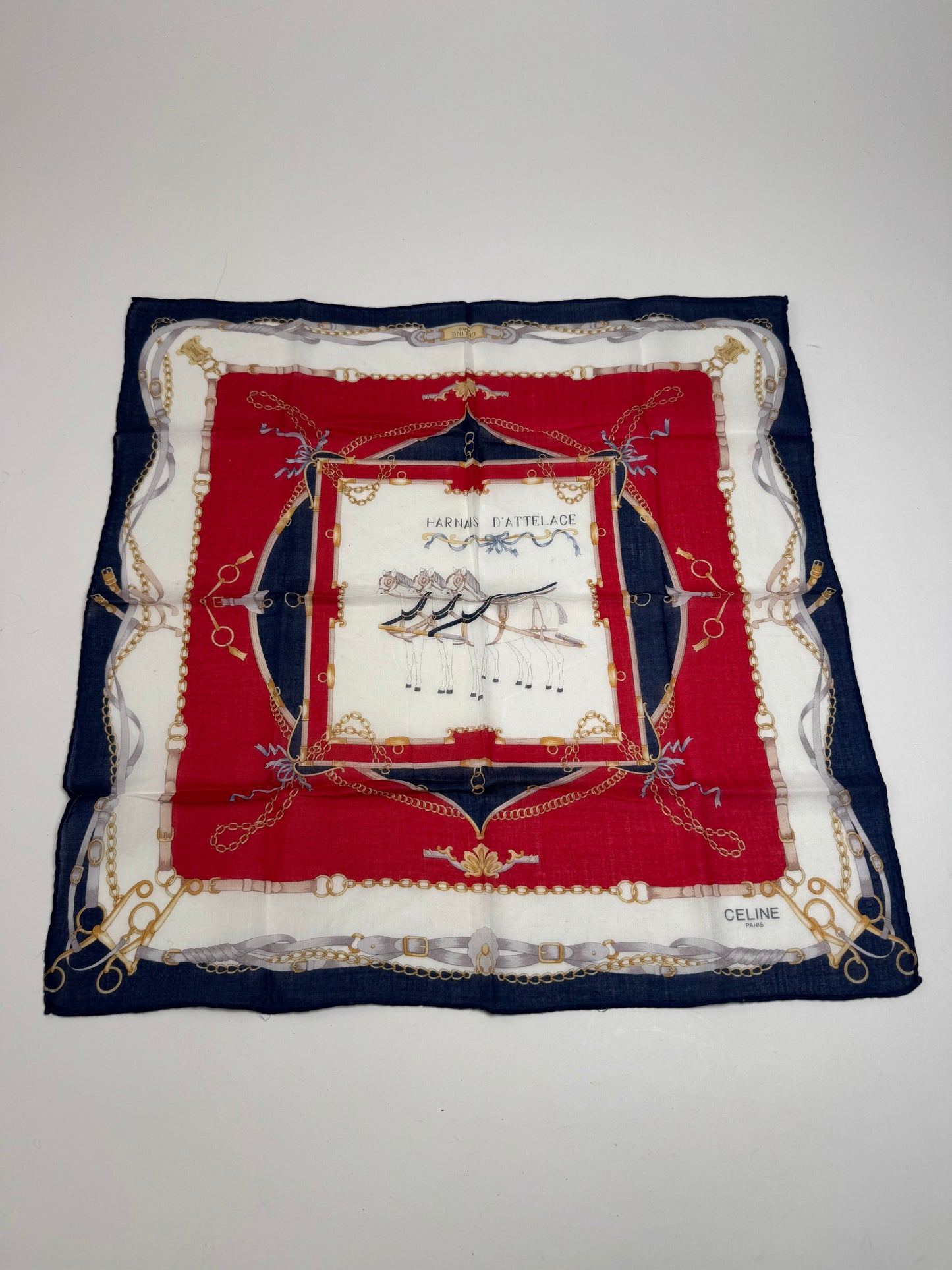 Vintage Celine Equistarian Scarf Navy White Red