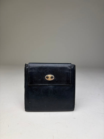 Vintage Celine Leather Wallet Black Gold Snap