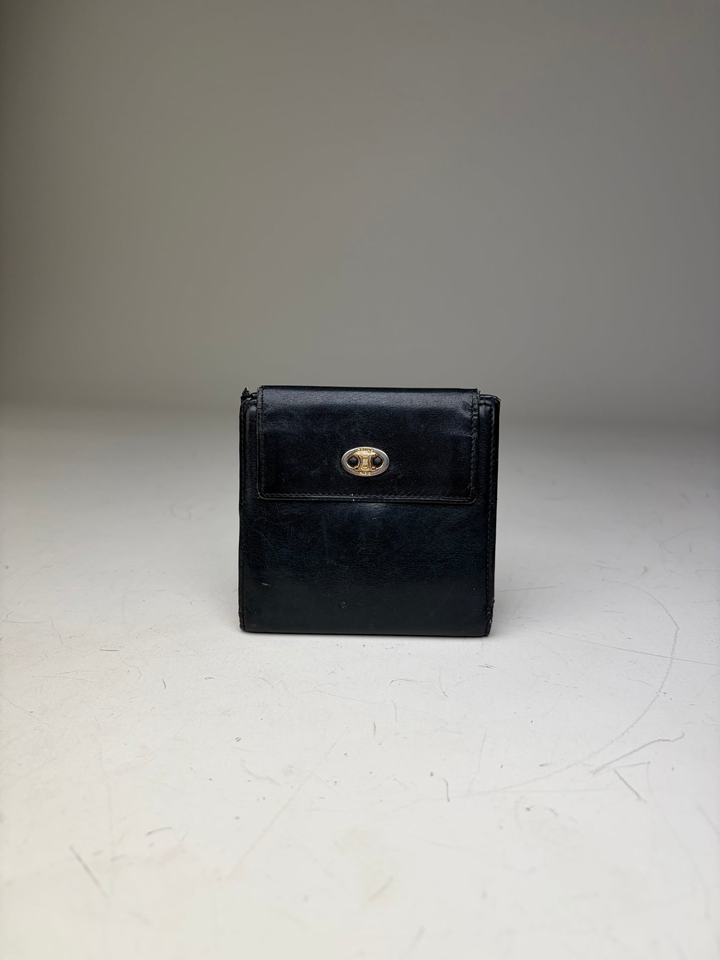 Vintage Celine Leather Wallet Black Gold Snap