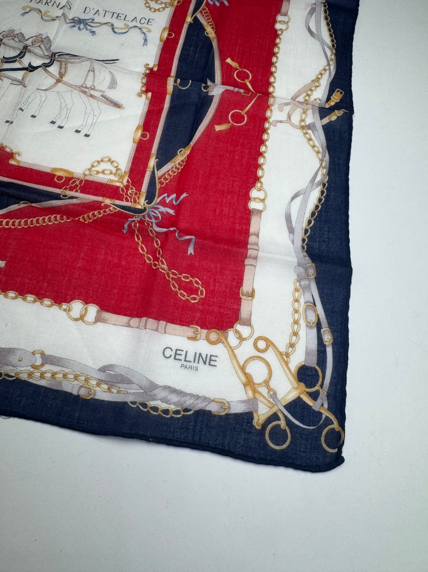 Vintage Celine Equistarian Scarf Navy White Red