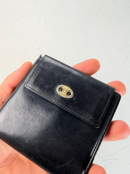 Vintage Celine Leather Wallet Black Gold Snap