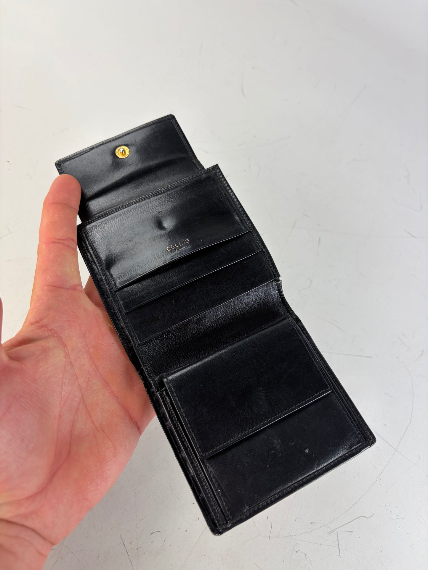 Vintage Celine Leather Wallet Black Gold Snap
