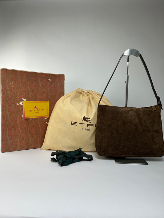 Vintage Etro Paisley Embossed Flap Crossbody Bag c. Late 1990s Brown
