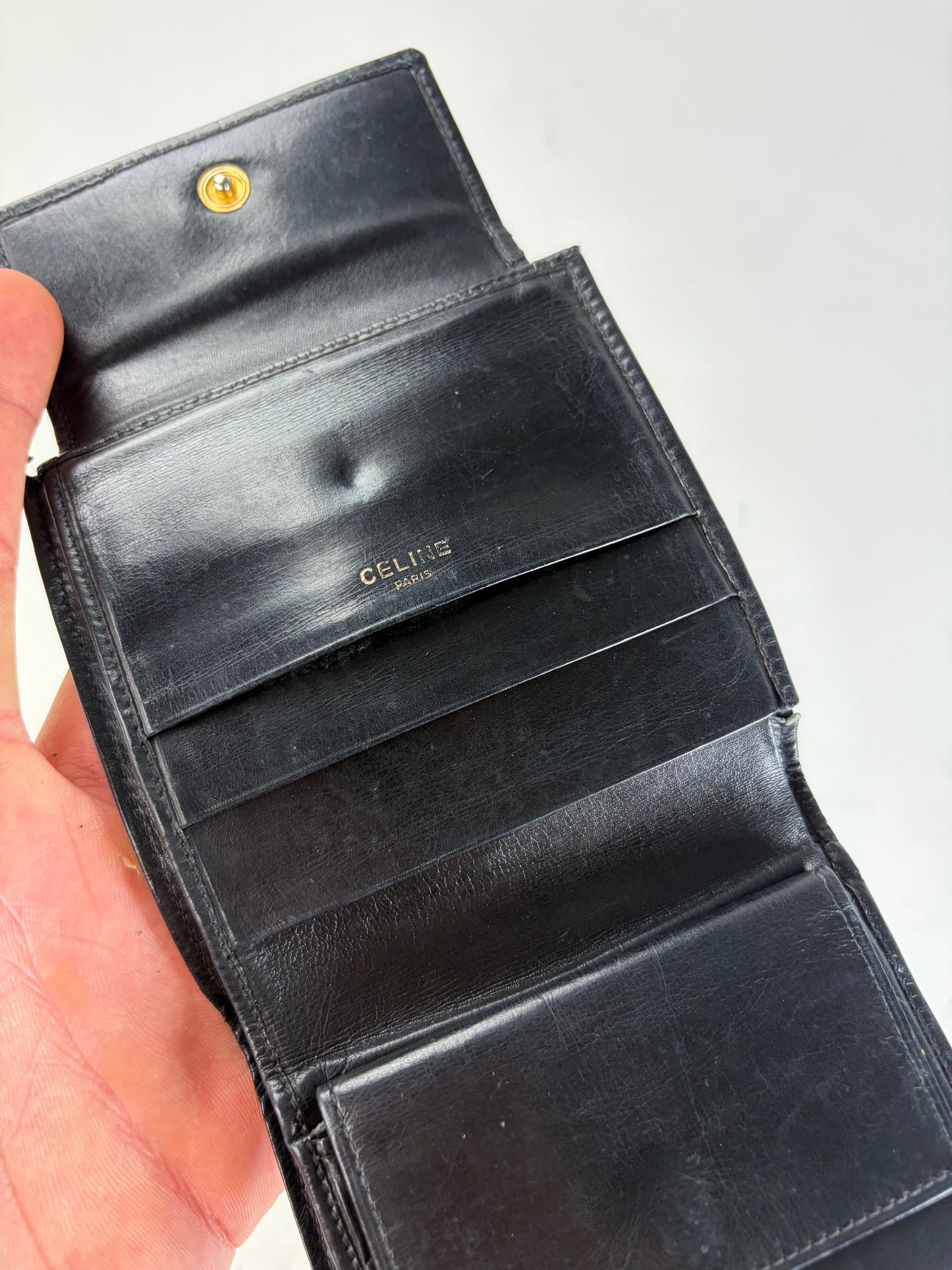 Vintage Celine Leather Wallet Black Gold Snap