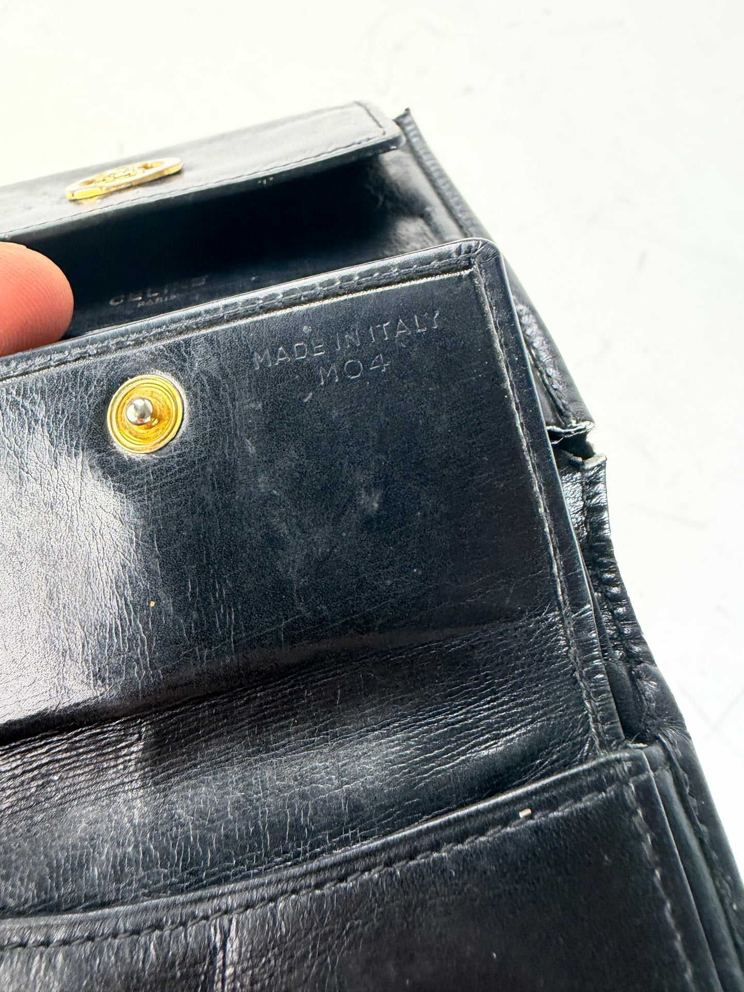 Vintage Celine Leather Wallet Black Gold Snap
