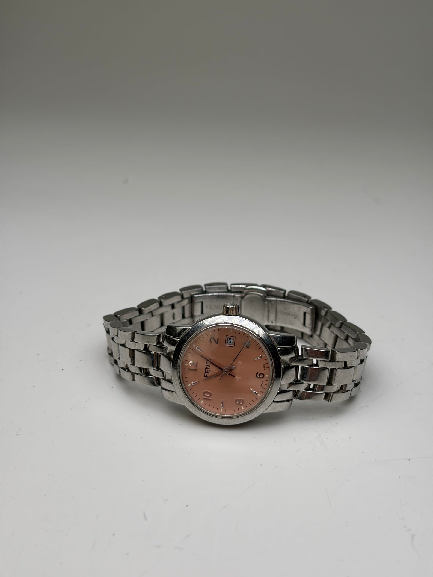 Vintage Fendi Stainless Steel Bracelet Watch Pink Dial Silver