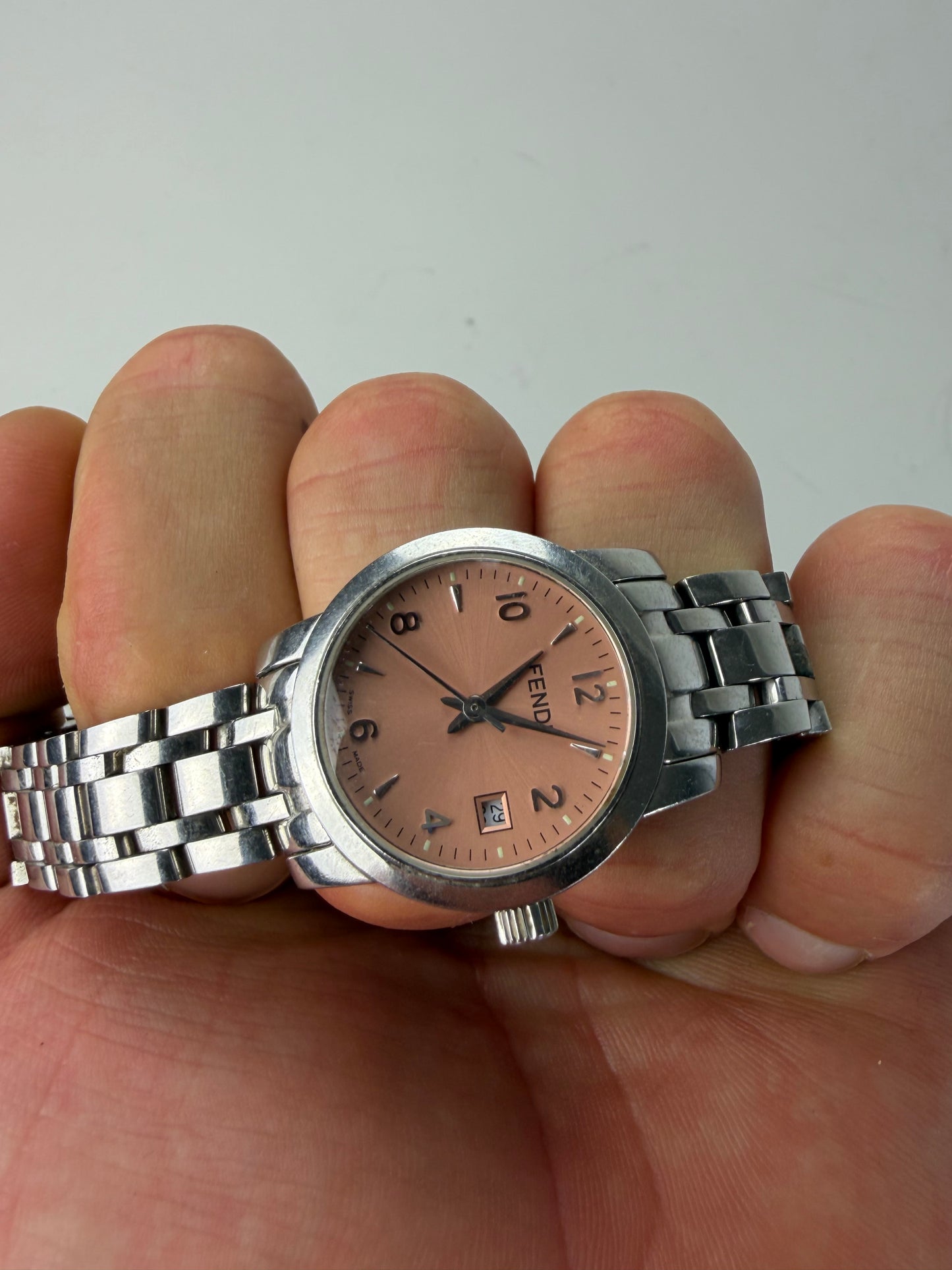 Vintage Fendi Stainless Steel Bracelet Watch Pink Dial Silver