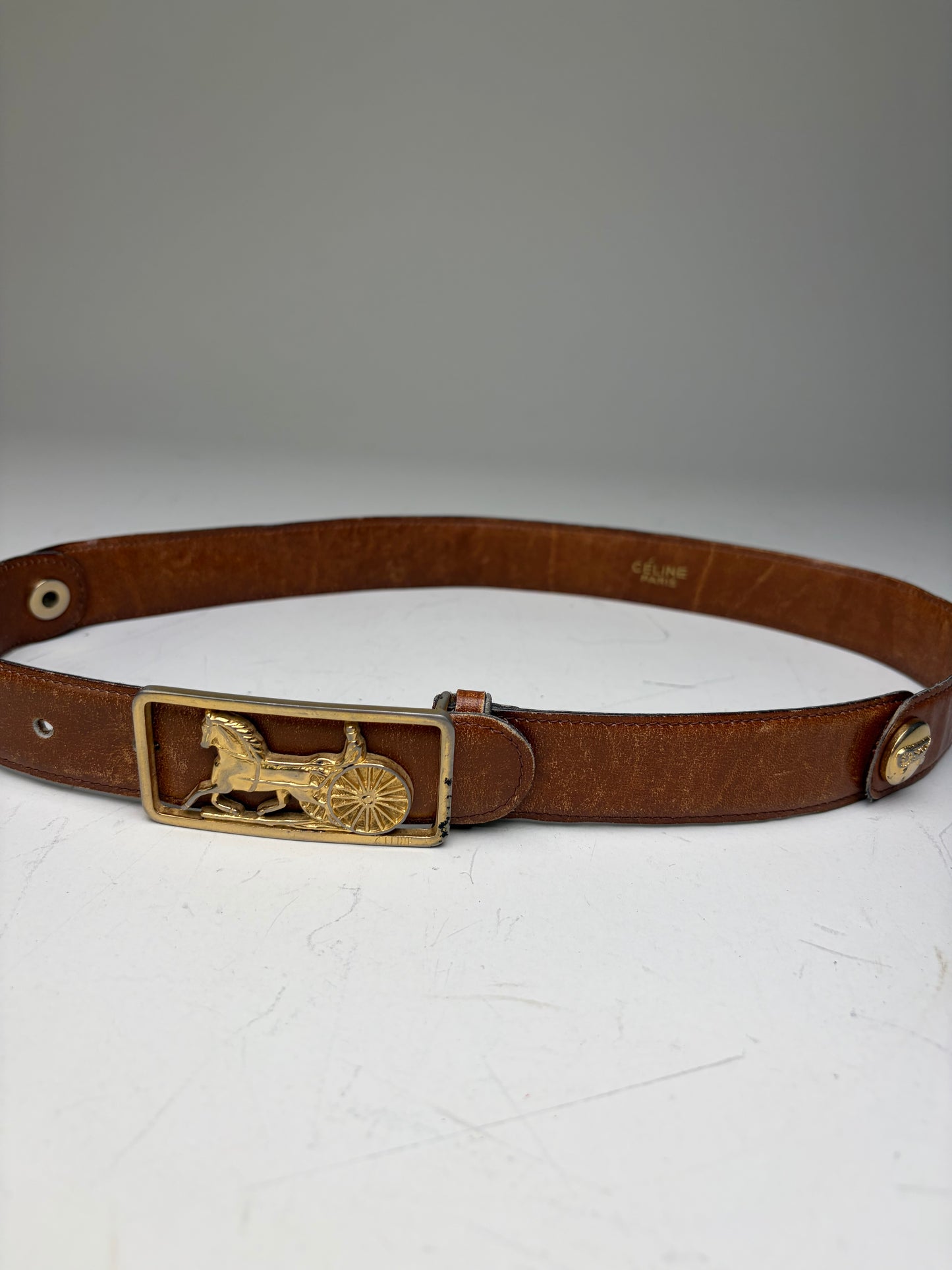 Vintage Celine Leather Belt Brown Gold Buckle