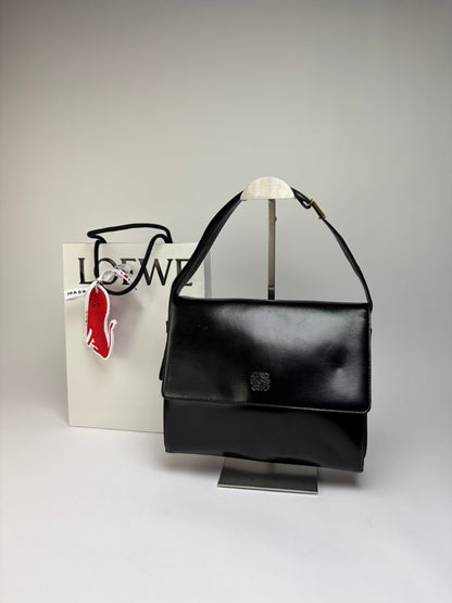 Vintage Loewe Flamenco Leather Flap Crossbody Bag Black Gold