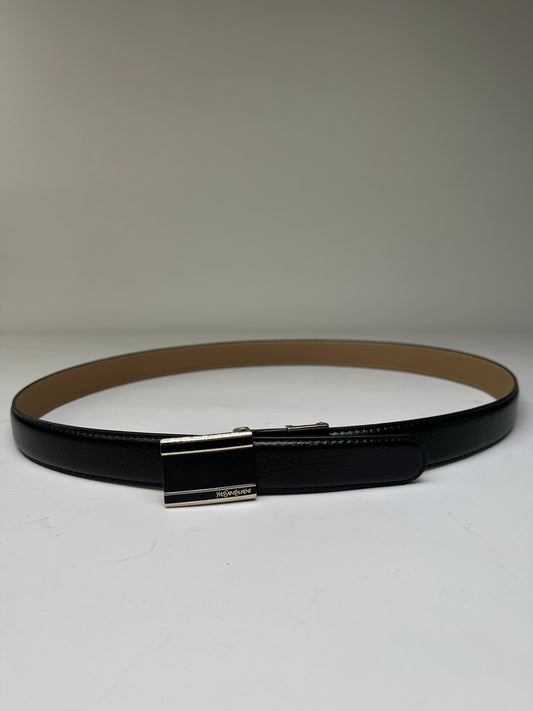 Vintage Saint Laurent Leather Belt Black Beige Silver