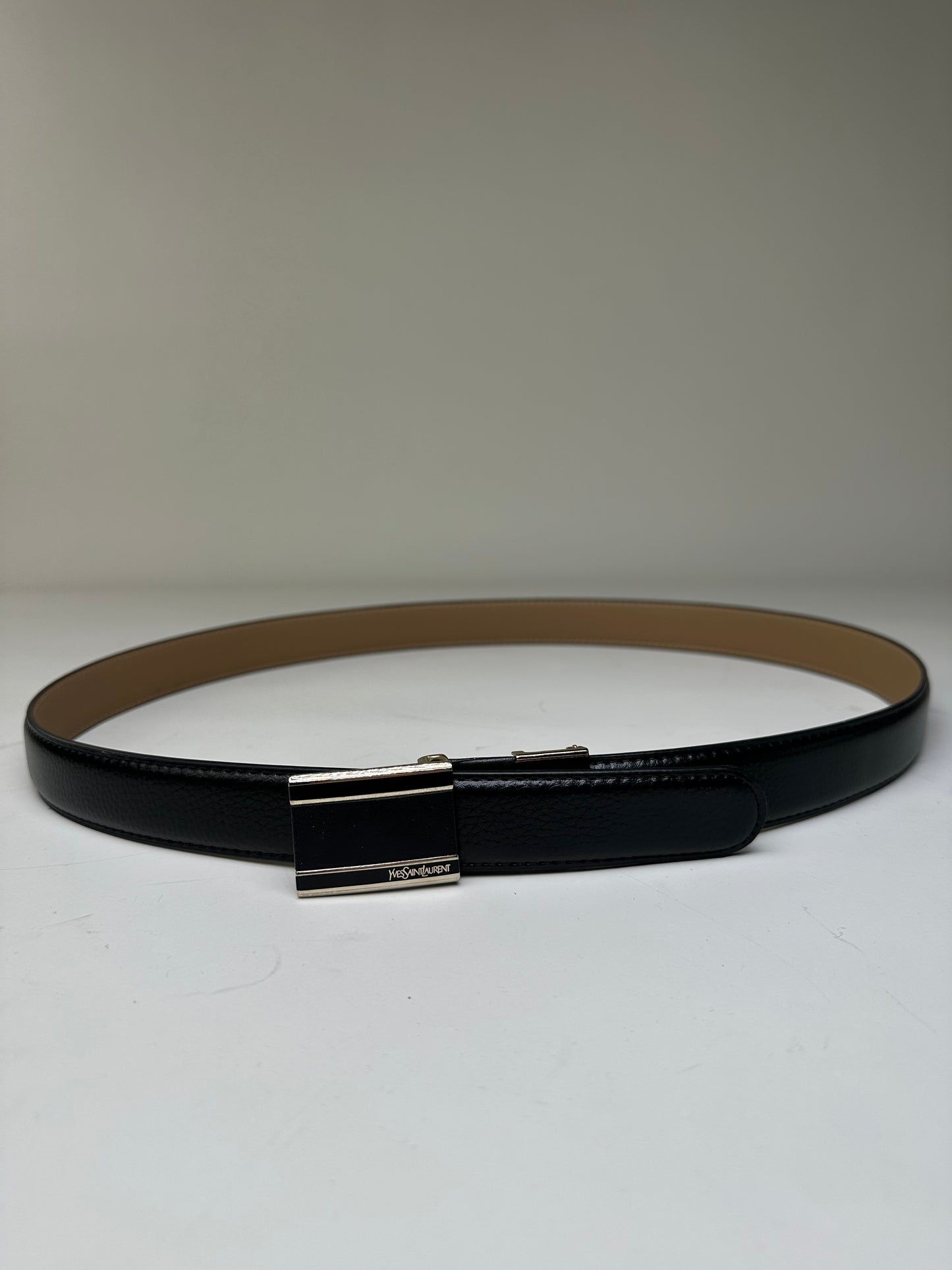 Vintage Saint Laurent Leather Belt Black Beige Silver