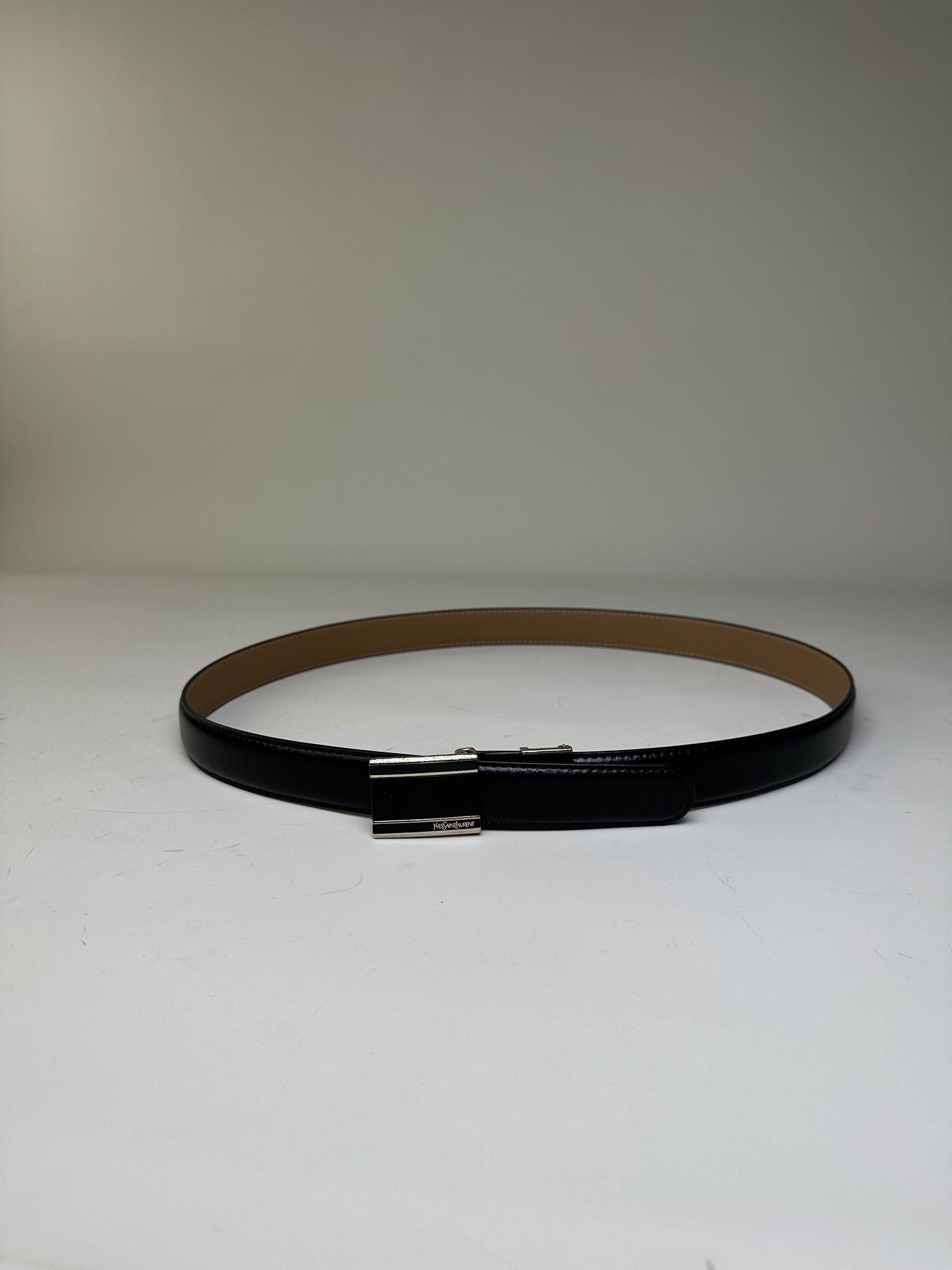 Vintage Saint Laurent Leather Belt Black Beige Silver