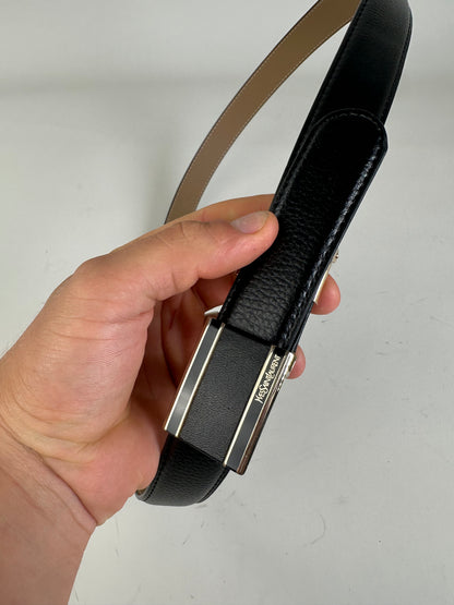 Vintage Saint Laurent Leather Belt Black Beige Silver