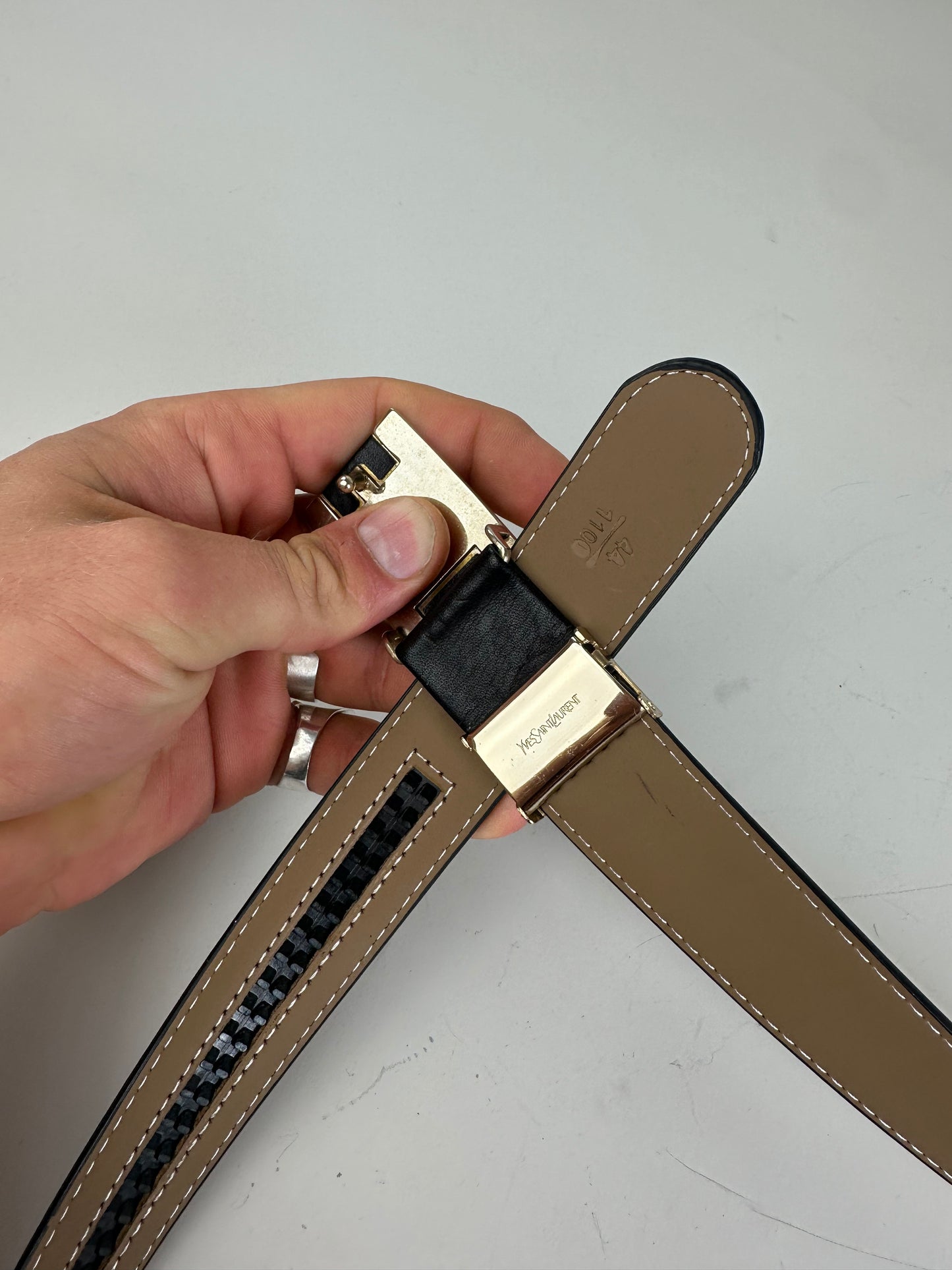 Vintage Saint Laurent Leather Belt Black Beige Silver