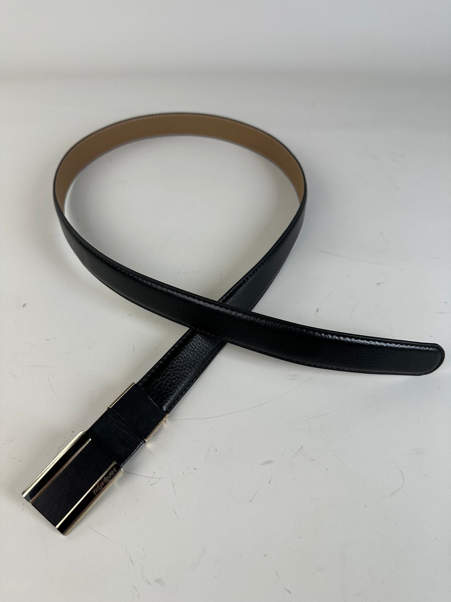 Vintage Saint Laurent Leather Belt Black Beige Silver