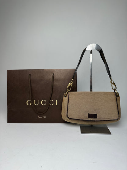 Vintage Gucci Cotton Leather Handbag Beige Brown