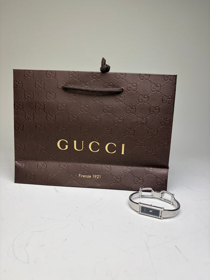 Vintage Gucci Stainless Steel Leather Bracelet Watch Silver Black