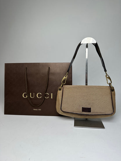 Vintage Gucci Cotton Leather Handbag Beige Brown