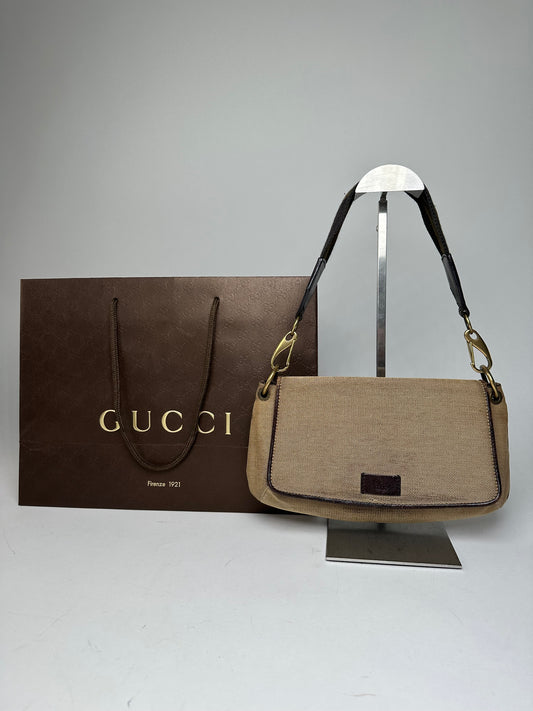 Vintage Gucci Cotton Leather Handbag Beige Brown