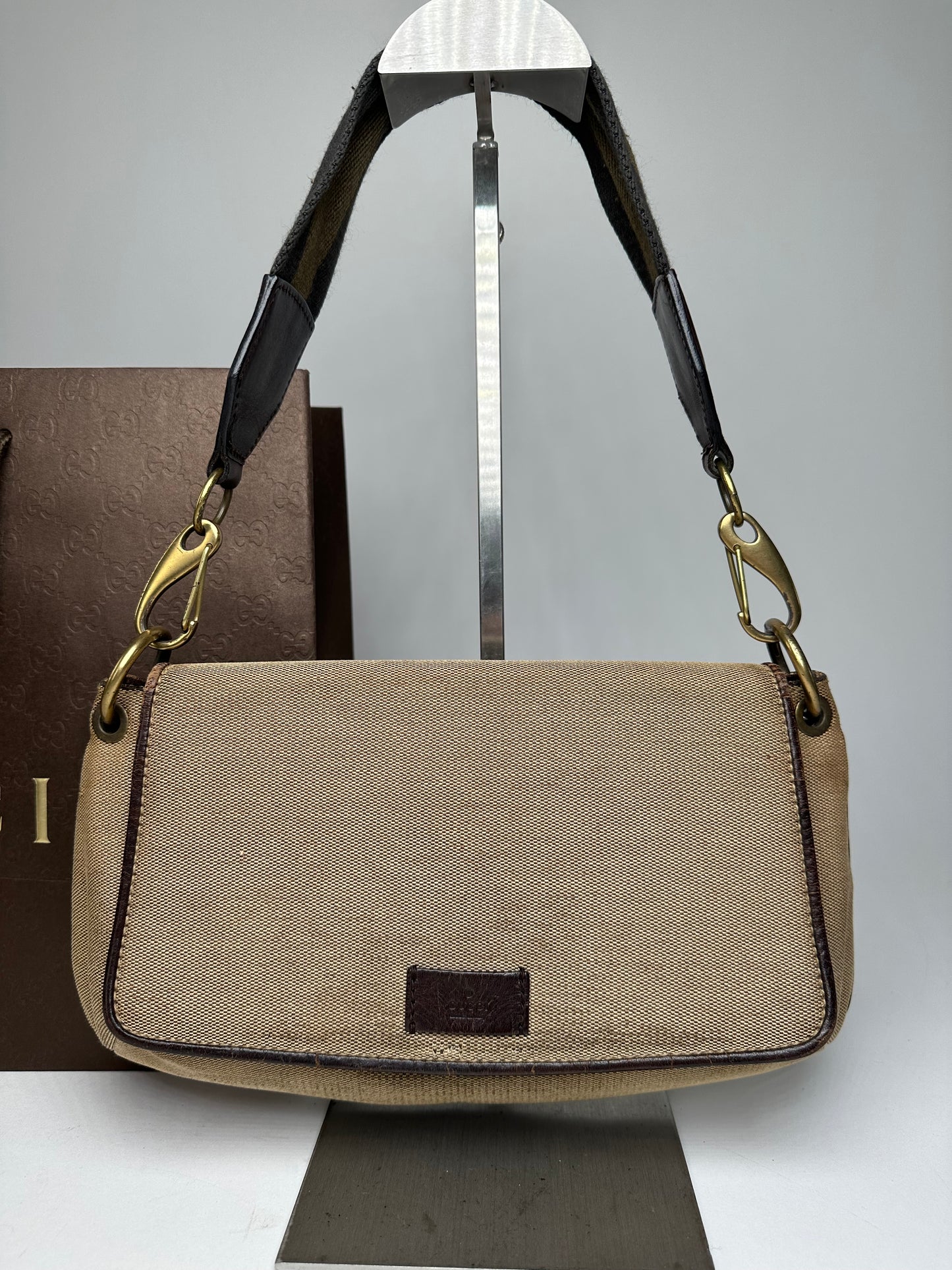 Vintage Gucci Cotton Leather Handbag Beige Brown