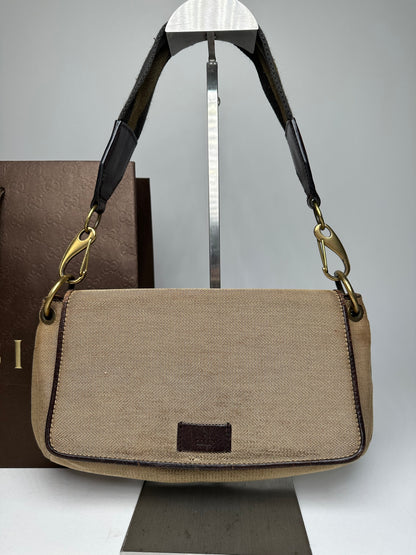 Vintage Gucci Cotton Leather Handbag Beige Brown