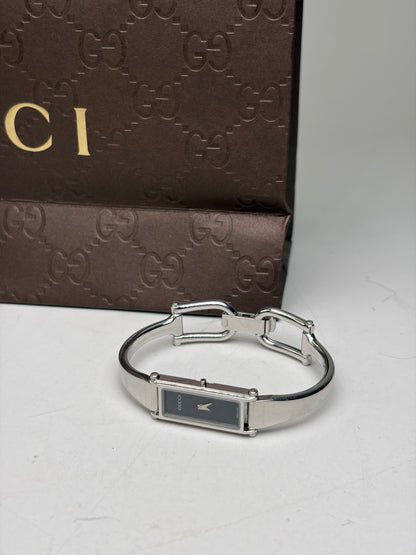Vintage Gucci Stainless Steel Leather Bracelet Watch Silver Black