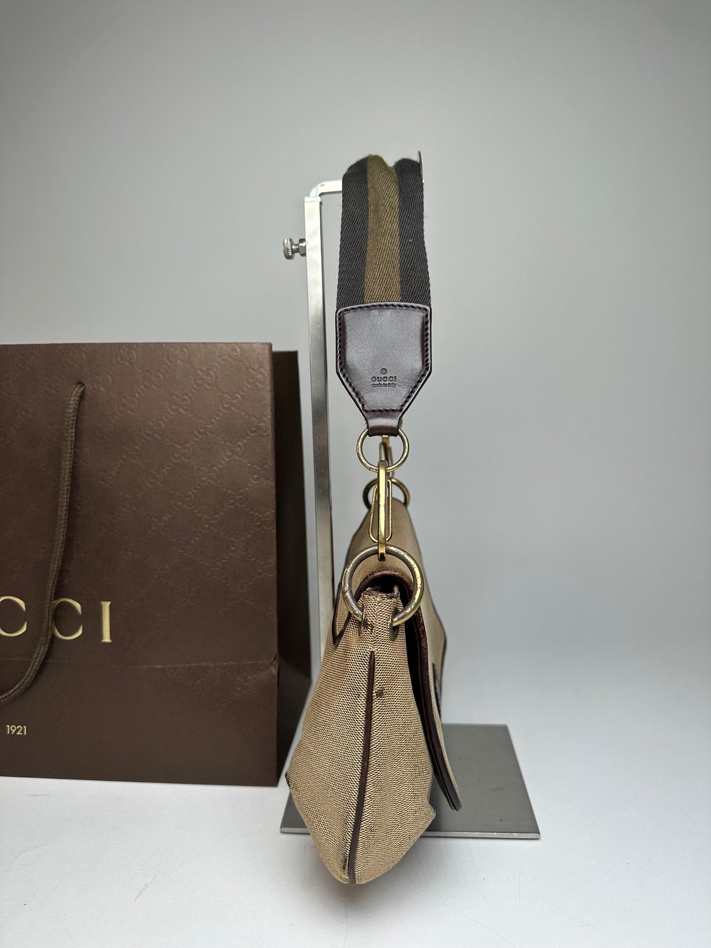 Vintage Gucci Cotton Leather Handbag Beige Brown