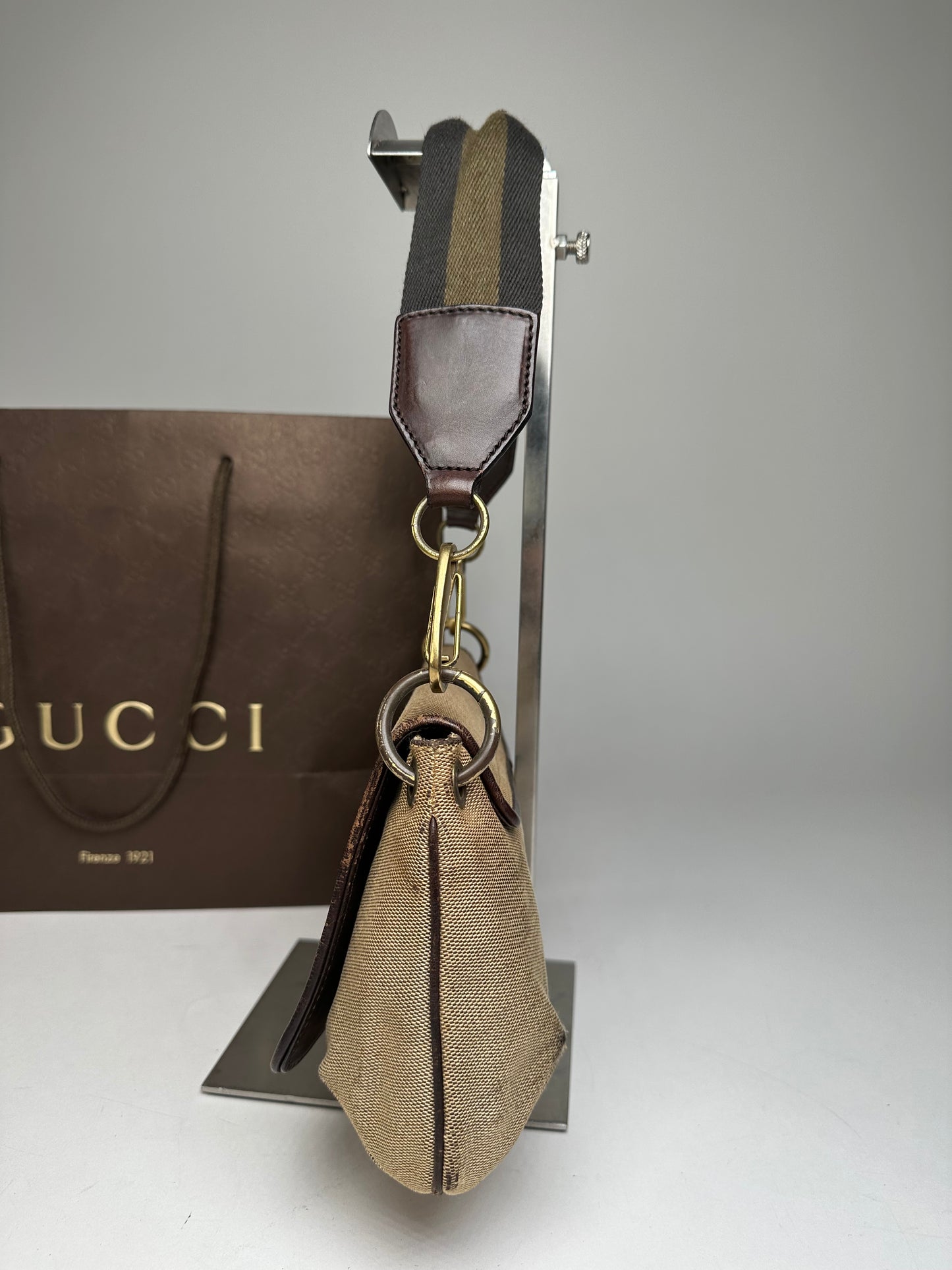 Vintage Gucci Cotton Leather Handbag Beige Brown