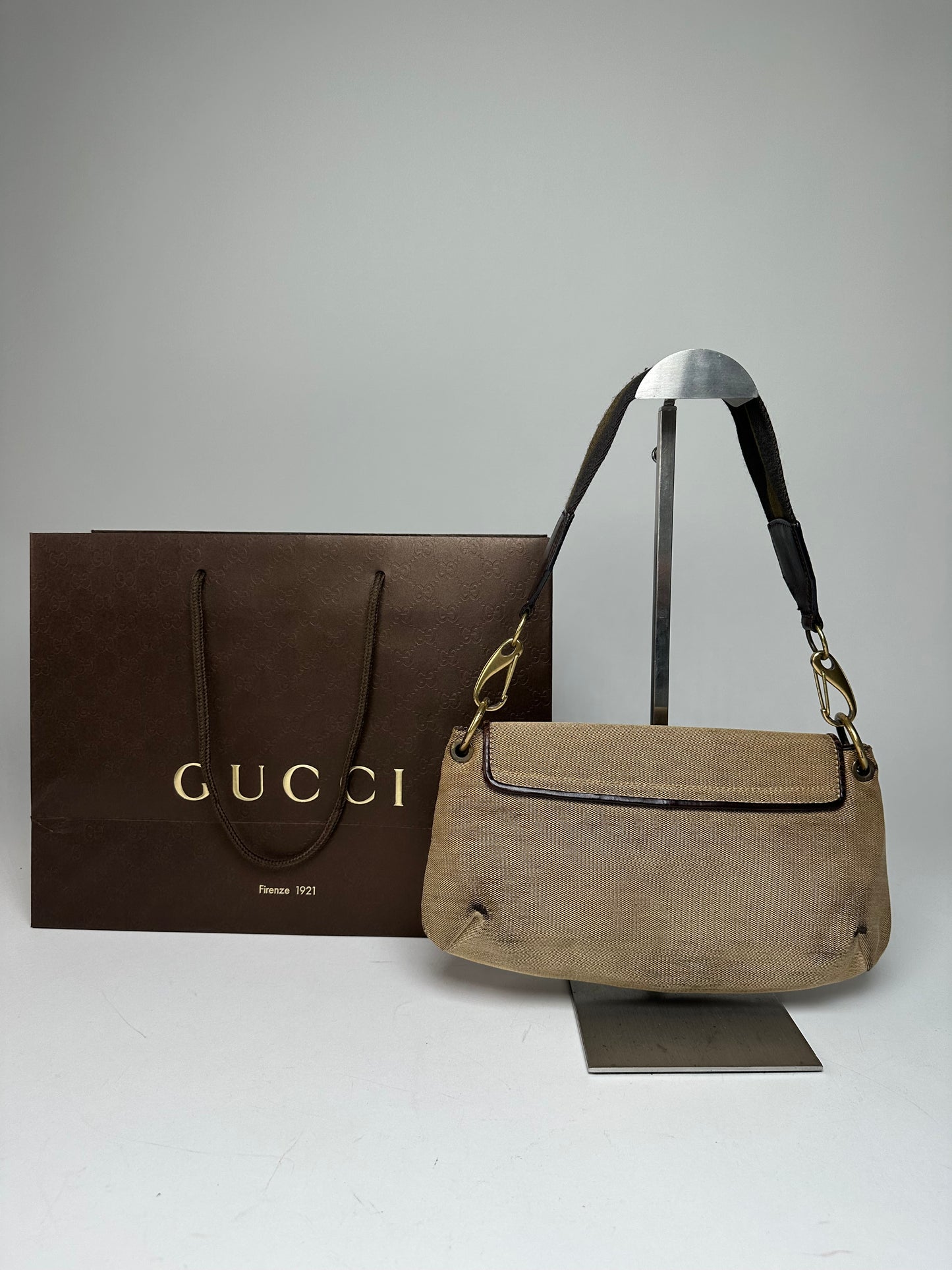 Vintage Gucci Cotton Leather Handbag Beige Brown