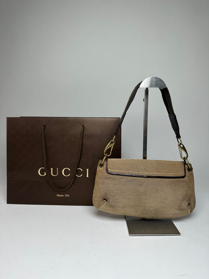 Vintage Gucci Cotton Leather Handbag Beige Brown