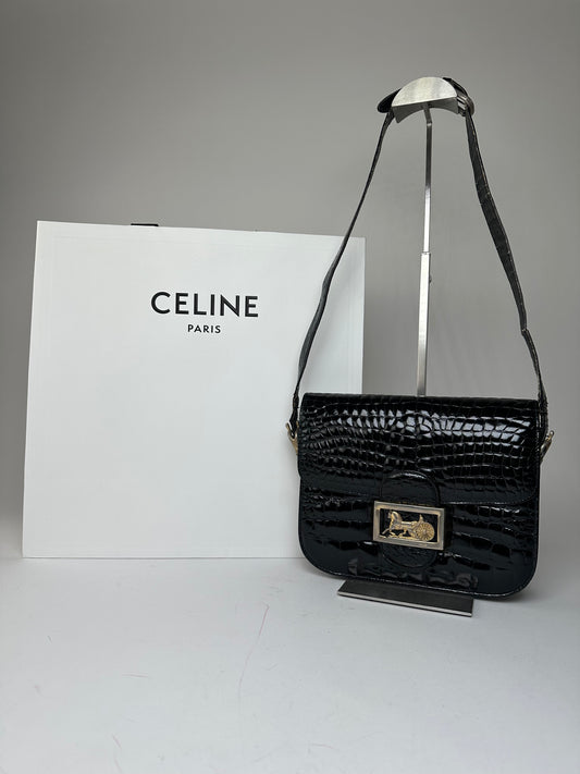 Vintage Celine Croc-Embossed Leather Shoulder Bag Black