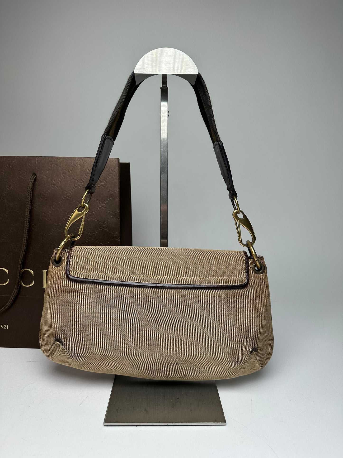 Vintage Gucci Cotton Leather Handbag Beige Brown