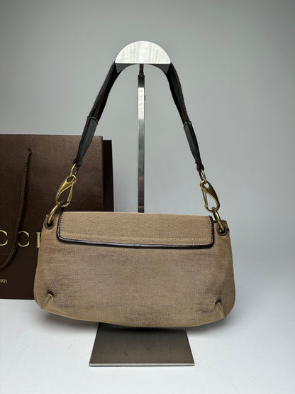 Vintage Gucci Cotton Leather Handbag Beige Brown